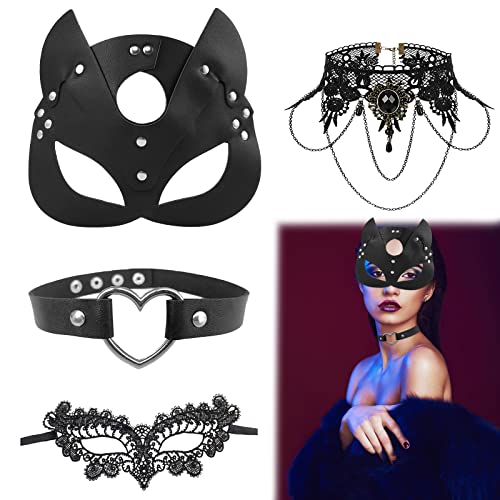 4 Stück Catwoman Maske Spitze Catwoman, Katzen Maske PU, Herzförmiges Halsgelenk, Spitzen-Halskette, Katze Maske Damen Halbe Gesichtsmaske Für Fasching Kostümparty Karneval, Halloween Party von HKQP