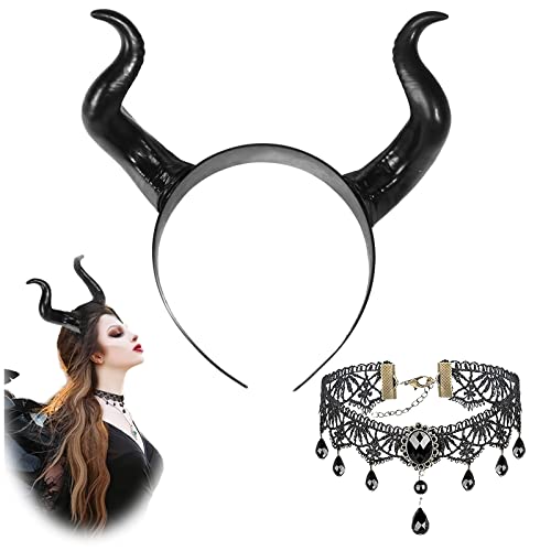 Halloween Königin Hörner - Hörner und Verstellbares Spitze Halskette - Hörner Kopfschmuck- Gothic, Maleficent Teufelshörner - Kann mit Halloween Kostüm Damen Verwendet Werden Hexenkostüm Damen Halloween Königin Hörner - Hörner und Verstellbares Spitze Halskette - Hörner Kopfschmuck- Gothic, Maleficent Teufelshörner - Kann mit Halloween Kostüm Damen Verwendet Werden Hexenkostüm Damen von HKQP