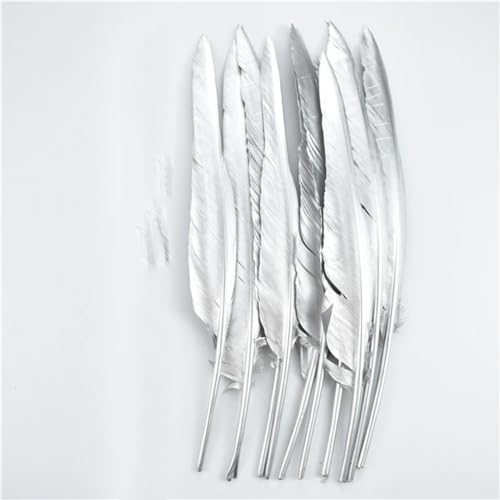HKSDKABOP Handwerksdekoration mit Federn, Craft Feathers Naturfedern Gans Ente Truthahn Gold Silber Zweifarbig 4-14 Zoll Packung mit 10/50/100/200/500(Silver 12-14 Inch,50 Piece) von HKSDKABOP