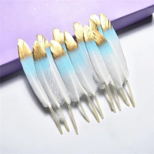 HKSDKABOP Handwerksdekoration mit Federn, Gefärbte Entenfedern for Bastelzubehör, Mehrfarbig, Packung mit Mehreren Größen(Light Blue Gold,50 Pieces) von HKSDKABOP