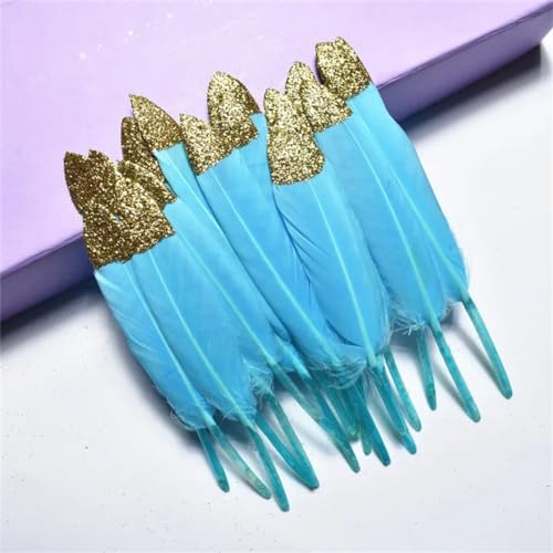 HKSDKABOP Handwerksdekoration mit Federn, Gefärbte Entenfedern for Bastelzubehör, Mehrfarbig, Packung mit Mehreren Größen(Sky Blue (Gold),50 Pieces) von HKSDKABOP