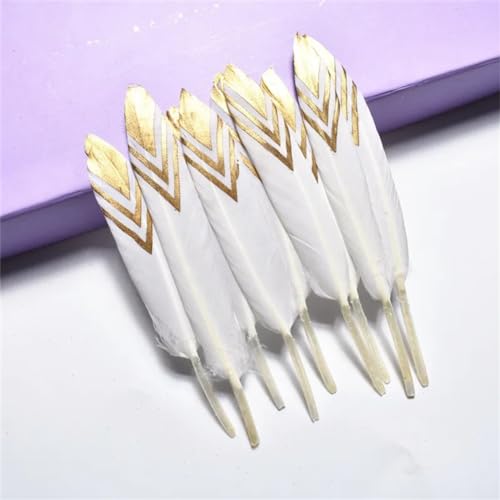 HKSDKABOP Handwerksdekoration mit Federn, Gefärbte Entenfedern for Bastelzubehör, Mehrfarbig, Packung mit Mehreren Größen(White Stripe (Gold),10 Pieces) von HKSDKABOP