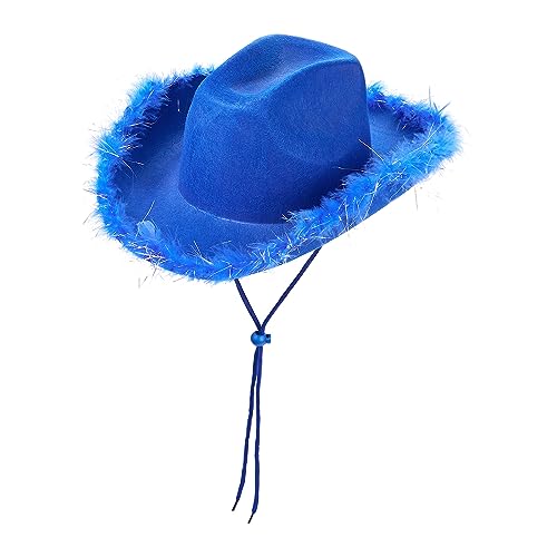 HKYFNNBW Cowboyhut für Damen, mit Federn, Hut mit breiter Krempe, Halloween-Kostüm, Zubehör, Geburtstag, Hochzeit, Party, Verkleiden (Blau 3, 32 x 42 x 18 cm) von HKYFNNBW