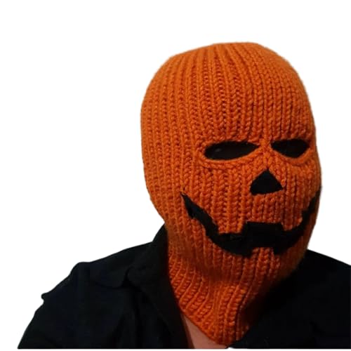 HKYFNNBW Halloween-Masken, gestrickte Sturmhaube, Kürbismütze, Vollgesicht, gruselige Maske, Partyhut, Cosplay-Zubehör (Orange, Einheitsgröße) von HKYFNNBW