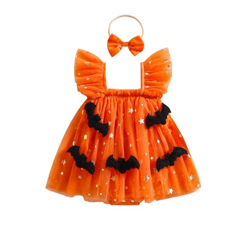 HKYFNNBW Halloween-Outfit für Kleinkinder, Babys, Mädchen, mit Fliegenärmeln, Kürbis, Spinne, Fledermaus, Prinzessinnen-Party, Tüllkleid mit Haarband (orangefarbene Fledermäuse, 0-3 Monate) von HKYFNNBW