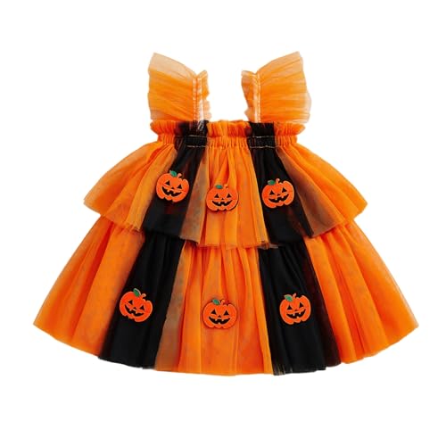 HKYFNNBW Kleinkind Baby Mädchen Halloween Outfit Fliegenärmel Kürbis Spinne Fledermaus Strampler Prinzessin Party Tüllkleid mit Haarband (Orange 1, 12-18 Monate) von HKYFNNBW