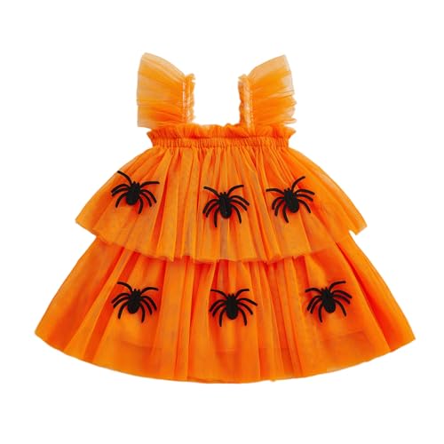 HKYFNNBW Kleinkind Baby Mädchen Halloween Outfit Fliegenärmel Kürbis Spinne Fledermaus Strampler Prinzessin Party Tüllkleid mit Haarband (Orange 2, 6-12 Monate) von HKYFNNBW