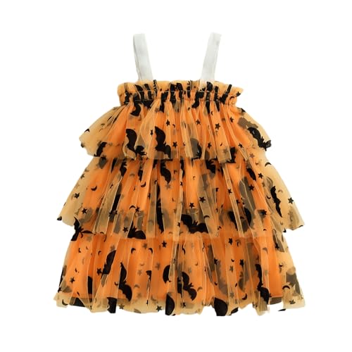 HKYFNNBW Kleinkind Baby Mädchen Halloween Outfit Fliegenärmel Kürbis Spinne Fledermaus Strampler Prinzessin Party Tüllkleid mit Haarband (Orange 3, 18-24 Monate) von HKYFNNBW
