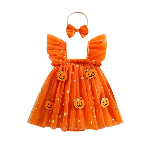 HKYFNNBW Kleinkind Baby Mädchen Halloween Outfit Fliegenärmel Kürbis Spinne Fledermaus Strampler Prinzessin Party Tüllkleid mit Haarband (Orange Kürbis, 9-12 Monate) von HKYFNNBW