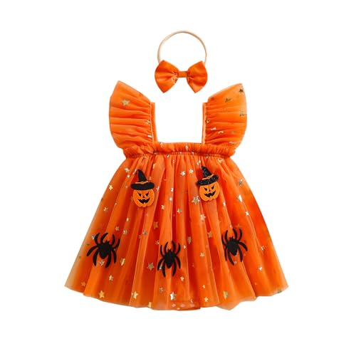 HKYFNNBW Kleinkind Baby Mädchen Halloween Outfit Fliegenärmel Kürbis Spinne Fledermaus Strampler Prinzessin Party Tüllkleid mit Haarband (Orange Spinnen, 9-12 Monate) von HKYFNNBW