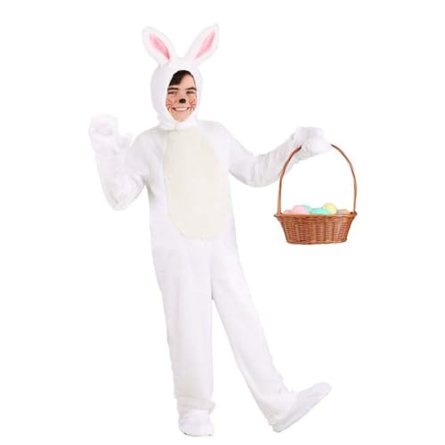 HKYFNNBW Osterhasenkostüm für Erwachsene, Kinder, lustig, langärmelig, mit Kapuze, Overall, Outfit mit biegbaren Ohren und Schuhen, Feiern, Partykleidung (Kinder, S, Weiß) von HKYFNNBW