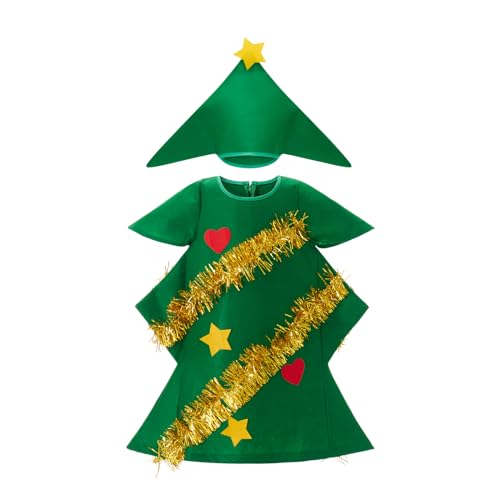 HKYFNNBW Weihnachtsbaum-Kostüm für Kinder, Mädchen und Jungen, gestreift, kurzärmelig, Patchwork-Kleid mit Hut-Anzug (Grün 2, 4-5T) von HKYFNNBW