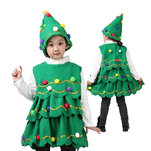 HKYFNNBW Weihnachtsbaumkostüm für Kinder, ärmellos, Hut, Weihnachtsbaumform, Pelzball, Dekoration, Festivalkleidung (grün, 8–9 Jahre) von HKYFNNBW