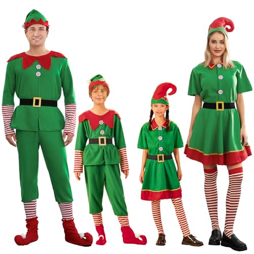HKYFNNBW - Weihnachtselfen-Kostüm-Set, passende Outfits, Elfenmütze, Nikolauskleidung, Strumpf, Gürtel, Weihnachts-Outfits (Mädchen, 4–5 Jahre, Mädchen) von HKYFNNBW