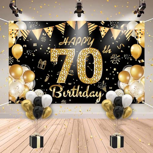HLEIUKT 70 Geburtstag Dekoration Männer und Frauen, 70.Geburtstag Banner Schwarz Gold, 70 Jahre Geburtstagsbanner mit 20 Stück Luftballons, Extra Große Stoff Hintergrund Geburtstagsdeko Partydeko HLEIUKT 70 Geburtstag Dekoration Männer und Frauen, 70.Geburtstag Banner Schwarz Gold, 70 Jahre Geburtstagsbanner mit 20 Stück Luftballons, Extra Große Stoff Hintergrund Geburtstagsdeko Partydeko von HLEIUKT