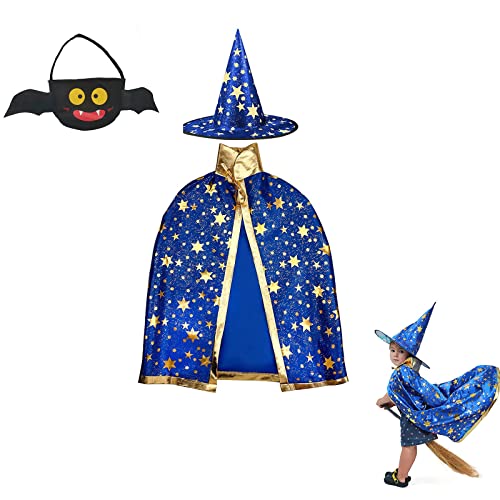HLFMQZEI Kinder Halloween Kostüm,Hexen Zauberer Umhang,Wizard Cape, mit Candy Bag,Zauberer Umhang mit Hut für Kinder,für Halloween-Kostümpartys, Cosplay, Bühnenauftritte, Kostümzubehör von HLFMQZEI