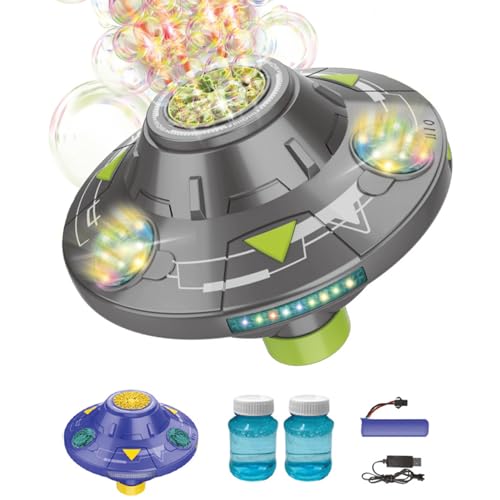 Seifenblasenmaschine Kinder, UFO Bubble Machine, 360° Automatische Mobile Seifenblasen Maschine mit LED-Licht und 2 Flaschen Seifenblasenlösung für Kinder Erwachsene Geburtstag Party Hochzeit (Grau) von HLJS