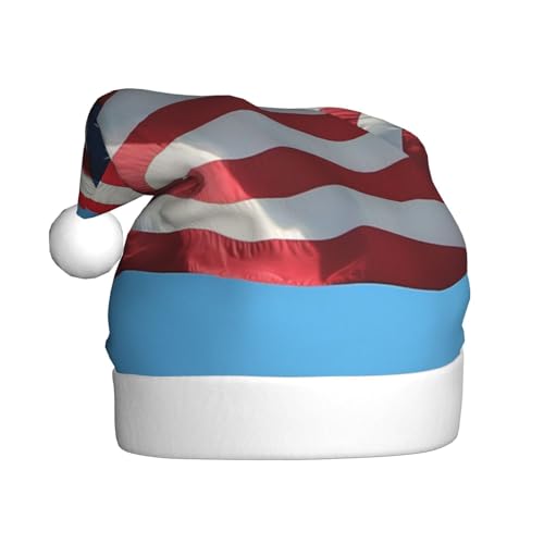 Weihnachtsmütze mit amerikanischer Flagge in blauem Himmel, Weihnachtsmannmützen für Erwachsene, Samt, bequem, für Neujahrsparty Weihnachtsmütze mit amerikanischer Flagge in blauem Himmel, Weihnachtsmannmützen für Erwachsene, Samt, bequem, für Neujahrsparty von HMBGFW