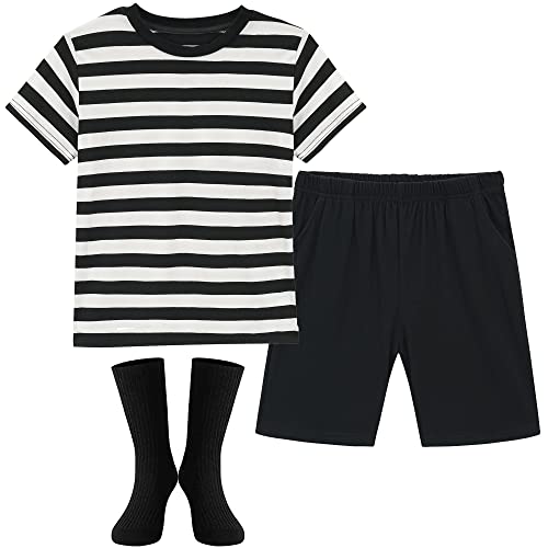 HMPRT Halloween-Kostüme für Kinder, schwarz-weißes gestreiftes Hemd, schwarze Shorts und Röhrensocken, 6 HMPRT Halloween-Kostüme für Kinder, schwarz-weißes gestreiftes Hemd, schwarze Shorts und Röhrensocken, 6 von HMPRT