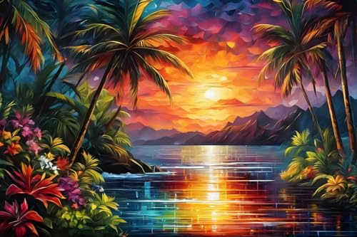 Puzzle für Erwachsene 1000 Teile Berge Meer Palmen Blumen Sonnenuntergang 26x38cm von HNBDE