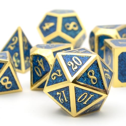 D&D Würfel Set 7 Stück Polyedrische Würfel,HNCCESG 15MM DND Wuerfel Set Metall für Dungeon und Dragons Würfelset RPG MTG and Tabletop Games or Gifts Spielwürfel （Gold Gunflint Blau ） von HNCCESG