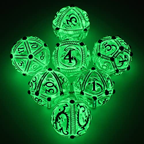 DND Würfel, Dungeons and Dragons Würfel Set HNCCESG Metall Spielwürfel Hohle Runde Drachen D&D Würfel Polyedrische Würfelset für MTG RPG DND Dice Set W20 W12 W10 W8 W6 W4 (Runde-Grün Leuchtende) von HNCCESG