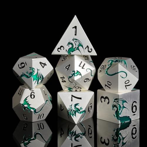 DND Würfel Set aus Metall, HNCCESG Drache Schwermetall-Würfel Set D&D, Dungeons and Dragon TTRPG, Rollenspiele Spiele(silbergrüner Drache) von HNCCESG