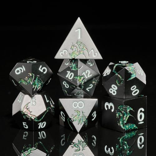 HNCCESG D&D Würfelset aus Metall, Drache 7 Stück polyedrisches DND Würfel Set mit Geschenkbox für Spielwürfel, Dungeons und Drachen, TTRPG (Schwarz mit glitzerndem grünen Drachen) von HNCCESG