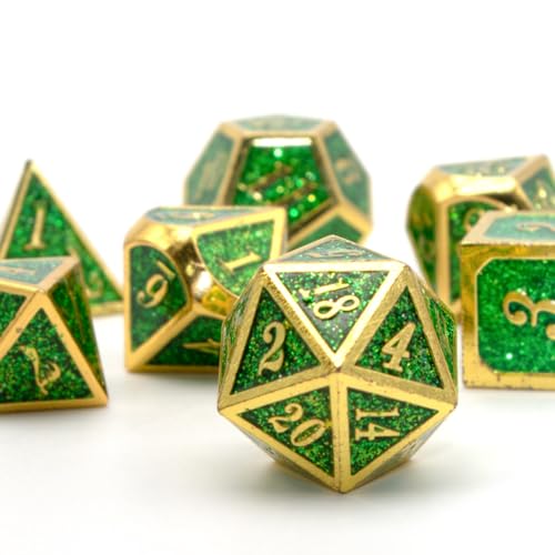 HNCCESG Polyedrische D&D-Würfel aus Metall für Dungeons and Dragons RPG DND-Würfel für Rollenspiele, MTG, Tisch, Gaming, Shadowrun Pathfinder, 7 Stück, D20, D12, D10, D8, D6, D4 (Gold Glitter Green) von HNCCESG