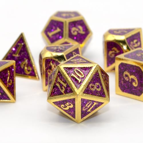HNCCESG Polyedrische D&D-Würfel aus Metall für Dungeons and Dragons RPG DND-Würfel für Rollenspiele, MTG, Tisch, Gaming, Shadowrun Pathfinder, 7 Stück, D20, D12, D10, D8, D6, D4 (Gold Glitter Purple) von HNCCESG