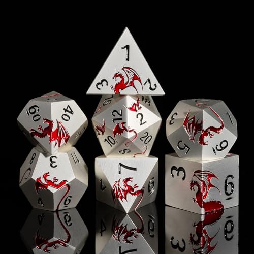HNCCESG Polyedrische Würfelset aus Metall, 7 Stück Drache DND Würfel Set für Dungeons und Dragons RPG MTG(Mattes Silber-roter Drache) von HNCCESG