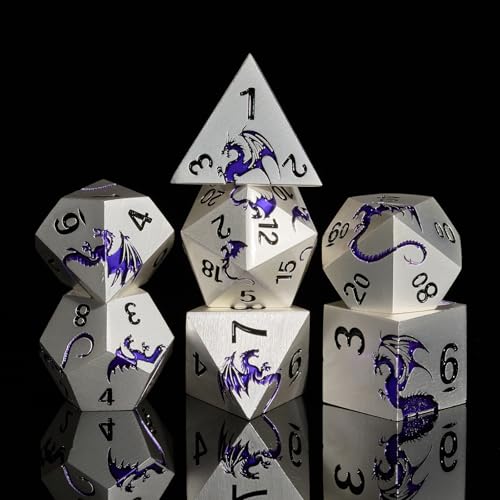DND Würfel，HNCCESG Metall 7 Stück Violetter Drachen Würfel Set für Dungeons and Dragons,Tabletop Spiele D20, D12, D10, D%, D8, D6, D4(Mattes Silber-Lila) von HNCCESG