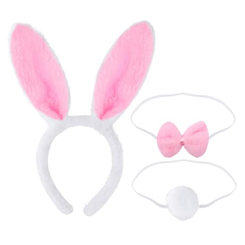 Hasenohren Haarreif Set, 3 Stk Hasen Ohren Haarreifen Plüsch Hasenohren Stirnband Haarbänder Fliege Schwanz, Kaninchenohren Haarreif Ostern Bunny Kostüm Cosplay Party Kinder Erwachsene(Rosa Weiß) von HNJUSR