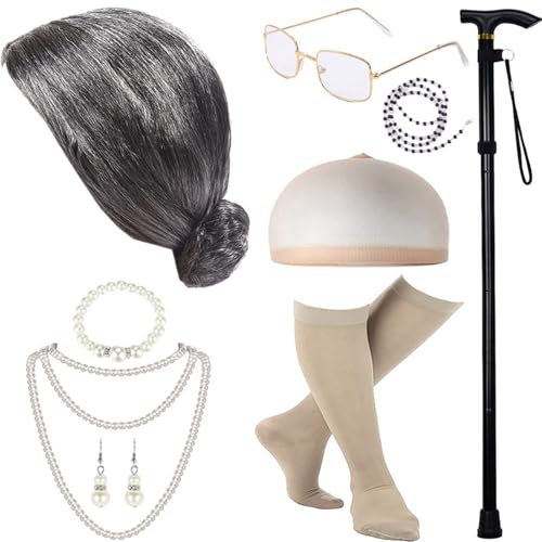 HNsdsvcd 100 Days Of School Halloween Oma Kostüm Set Alte Dame Kostüm Set Oma Brille und Perlenkette für Mädchen von HNsdsvcd