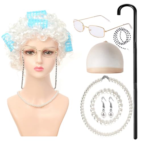 HNsdsvcd Mädchen 100 Tage Schulkostüm Set Kids Halloween Alte Dame Kostüm Perücke Brille Old Lady Dress Up Outfit von HNsdsvcd