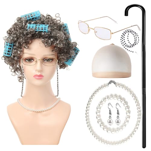 HNsdsvcd Mädchen 100 Tage Schulkostüm Set Kids Halloween Alte Dame Kostüm Perücke Brille Old Lady Dress Up Outfit von HNsdsvcd