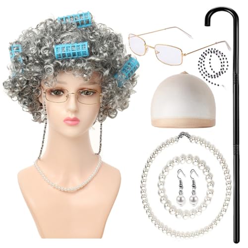 HNsdsvcd Mädchen 100 Tage Schulkostüm Set Kids Halloween Alte Dame Kostüm Perücke Brille Old Lady Dress Up Outfit von HNsdsvcd