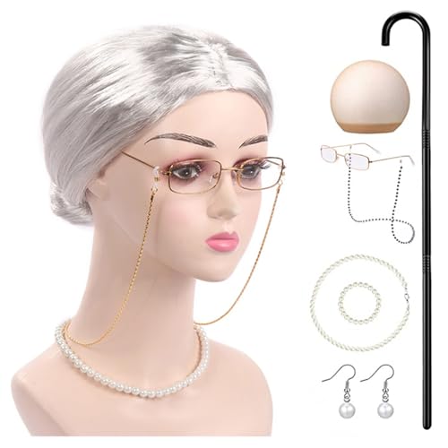 HNsdsvcd Mädchen 100 Tage Schulkostüm Set Kids Halloween Alte Dame Kostüm Perücke Brille Old Lady Dress Up Outfit von HNsdsvcd