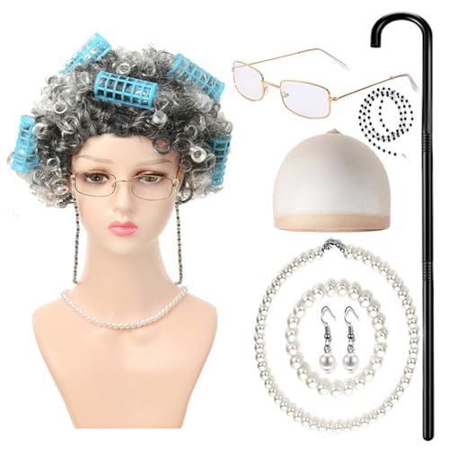 HNsdsvcd Mädchen 100 Tage Schulkostüm Set Kids Halloween Alte Dame Kostüm Perücke Brille Old Lady Dress Up Outfit von HNsdsvcd