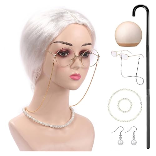 HNsdsvcd Mädchen 100 Tage Schulkostüm Set Kids Halloween Alte Dame Kostüm Perücke Brille Old Lady Dress Up Outfit von HNsdsvcd