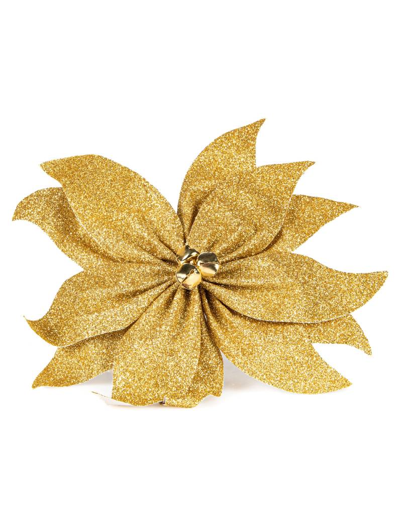 Poinsettia-Schleife mit Glöckchen Gold glitzernd 20 cm Tischdeko Poinsettia-Schleife mit Glöckchen Gold glitzernd 20 cm Tischdeko von HOBI