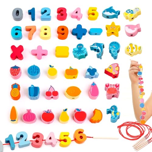 HOBKEY Fädelspiel 48 Teile - Montessori Spielzeug ab 2 3 4 5 6 Jahren für Kinder Lernspielzeug Holzperlen Raupe Fädelspiel Motorikspielzeug Holzspielzeug Regenbogen Lernspiel von HOBKEY