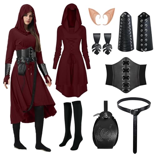 HODBLKT 8-teiliges Renaissance-Feenkostüm für Damen, mittelalterliches Elfenkleid mit Kunstleder-Armtasche, Gürtel für Halloween, Rot/Ausflug, einfarbig (Getaway Solids), L von HODBLKT