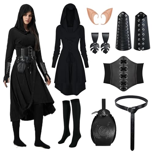 HODBLKT 8-teiliges Renaissance-Feenkostüm für Damen, mittelalterliches Elfenkleid mit Kunstleder-Armtasche, Gürtel für Halloween, Schwarz, S HODBLKT 8-teiliges Renaissance-Feenkostüm für Damen, mittelalterliches Elfenkleid mit Kunstleder-Armtasche, Gürtel für Halloween, Schwarz, S von HODBLKT