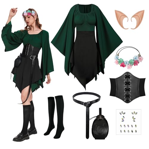 HODBLKT Elfenkostüm für Damen, Renaissance, traditionelles irisches Kleid, Feenkostüm, Halloween, Mittelalterkleid, Kopfbedeckung und Elfenohren (Grün und Schwarz, Größe M) von HODBLKT