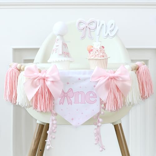 HODIHIWI Rosa Schleife 1. Geburtstag Hochstuhl Banner Dekorationen Holzperle Quaste Girlande Kegel Hut Holz Kuchen Topper für Baby Mädchen von HODIHIWI