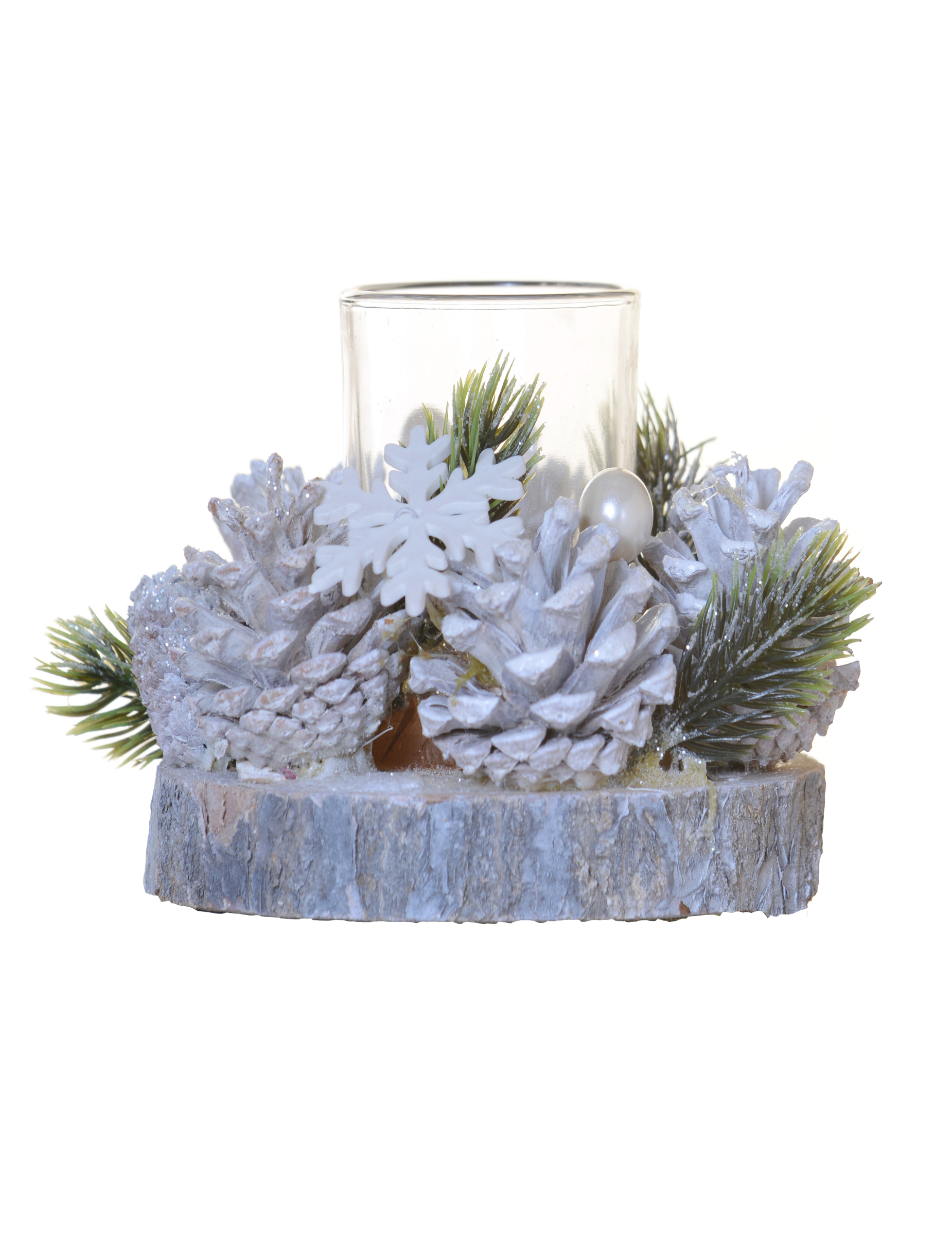 Baumstamm-Kerzenhalter matt Tannenzapfen grün-weiß 15 cm Baumstamm-Kerzenhalter matt Tannenzapfen grün-weiß 15 cm von HOGEWONING BV