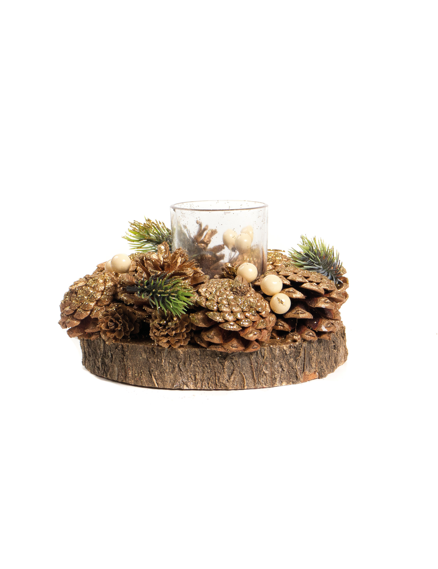 Glitzernder Tannenzapfen-Kerzenhalter Weihnachts-Tischdeko braun-goldfarben-grün 15 cm Glitzernder Tannenzapfen-Kerzenhalter Weihnachts-Tischdeko braun-goldfarben-grün 15 cm von HOGEWONING BV