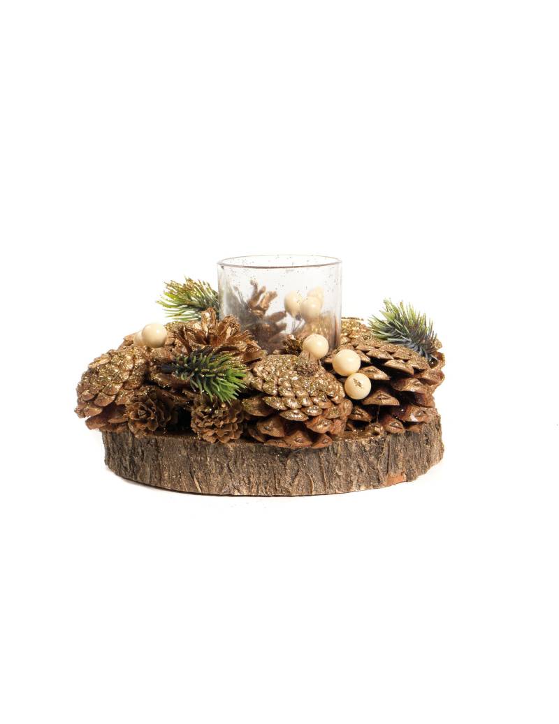 Glitzernder Tannenzapfen-Kerzenhalter Weihnachts-Tischdeko braun-goldfarben-grün 15 cm von HOGEWONING BV