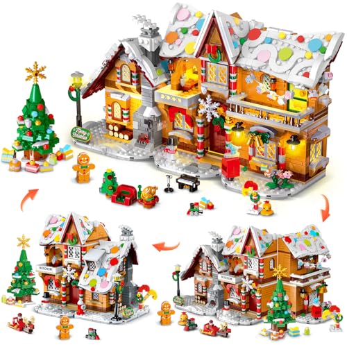 3 Stilmodi Weihnachts Lebkuchenhaus Bausatz mit Lichtern – 2025 Weihnachtsdorf Haus Bausteinset mit Weihnachtsmann Weihnachtsbaumzug Geschenk für Erwachsene Kinder Mädchen Jungen ab 8+ (1421 Teile) von HOGOKIDS